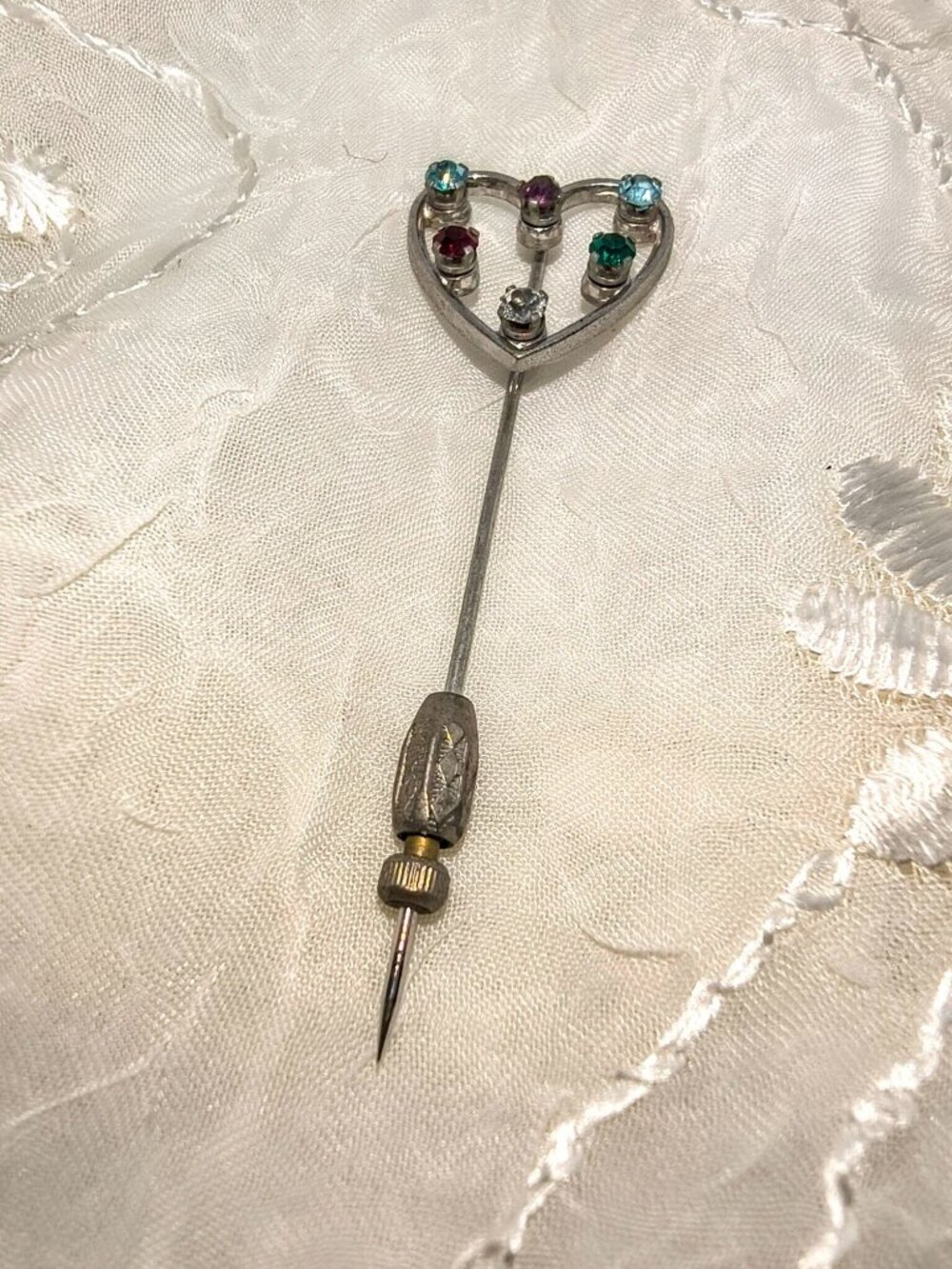 Vintage Anson Sterling Silver Heart Stick Pin With Multicolored Rhinestones - Picture 4 of 7